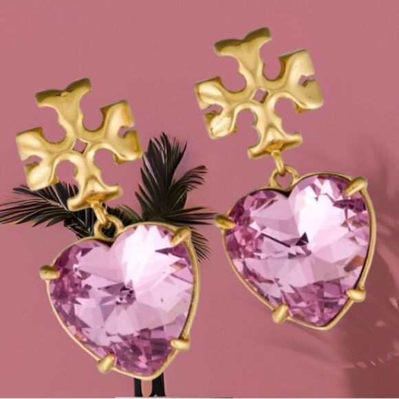 TORY BURCH ROXANNE PINK HEART CRYSTAL DIAMOND EARRINGS - Picture 1 of 6